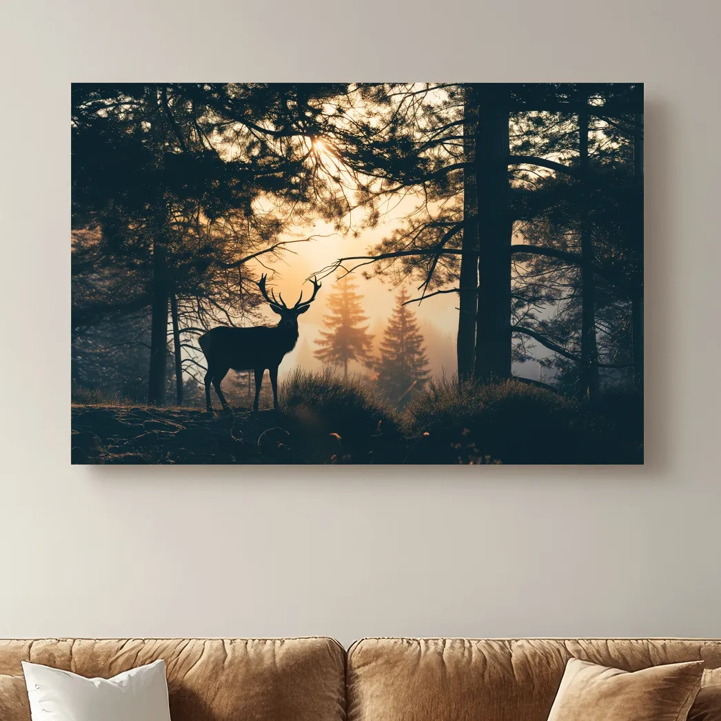 Photograph of a deer silhouette in the forest at sunset