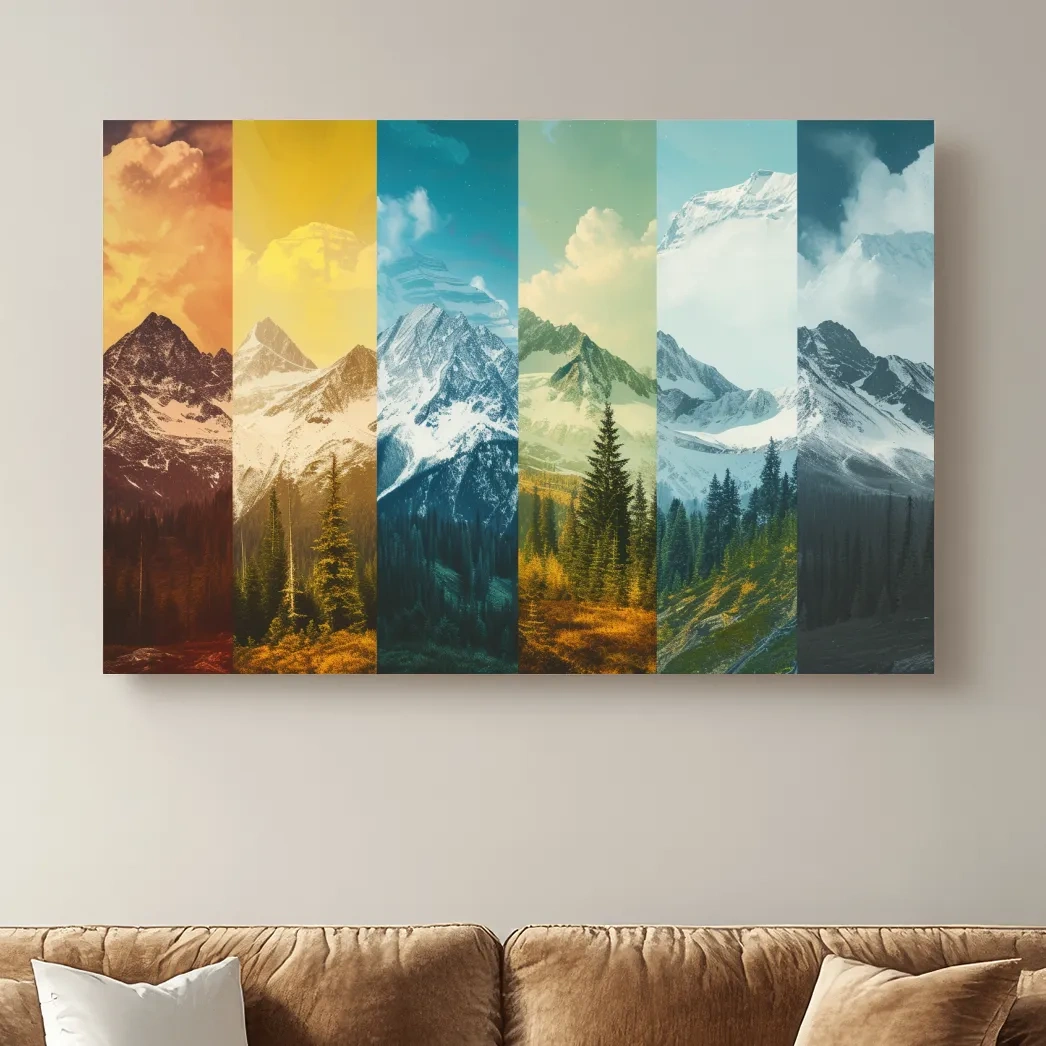 Changing of seasons, alpine forest and glacier art, split panel artwork