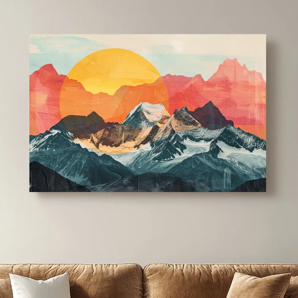 Print collage style abstract mountain artwork