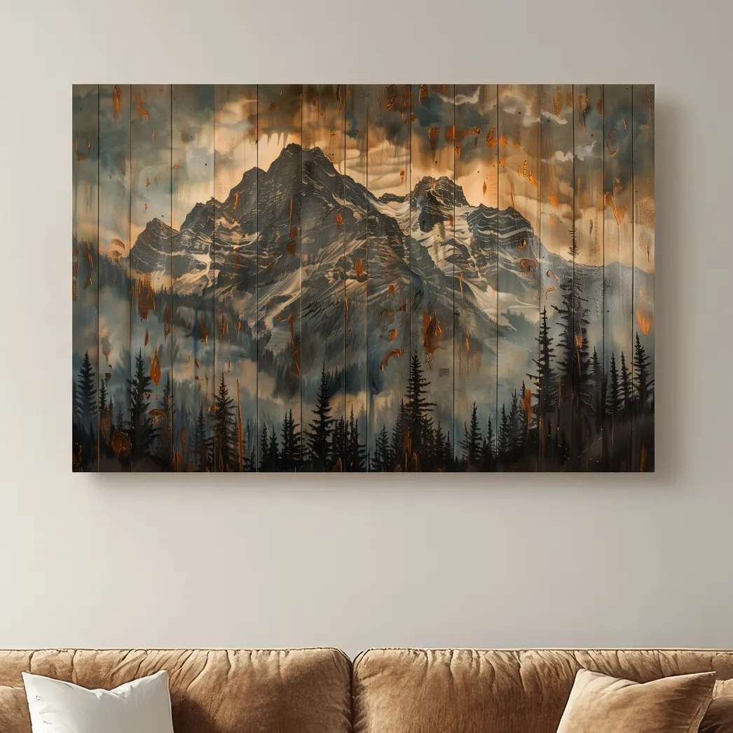 Mountain range wall art, rustic wood panel effect, wood burning style cabin art