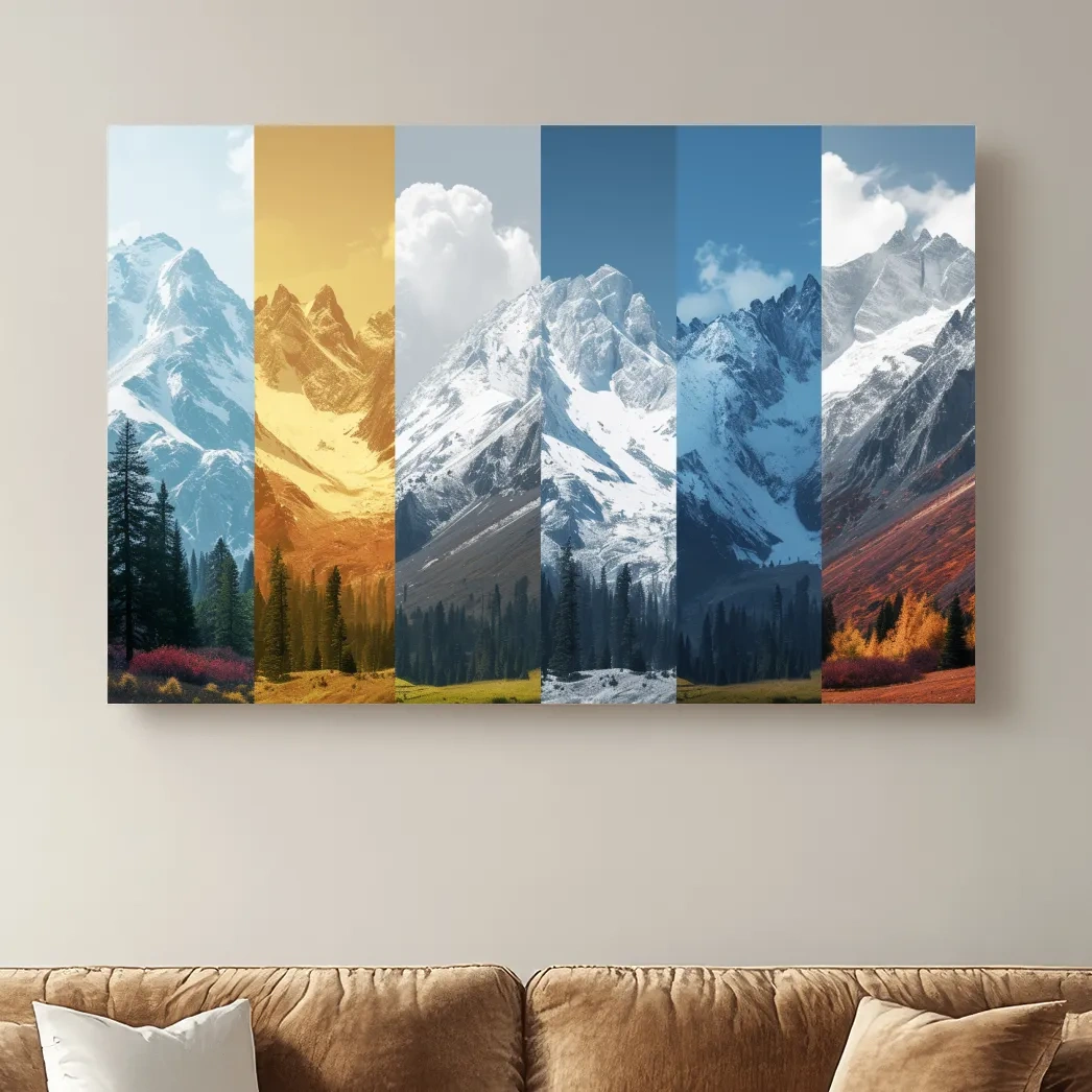 Alpine mountain artwork, forest and glacier, split panel changing of seasons inspired