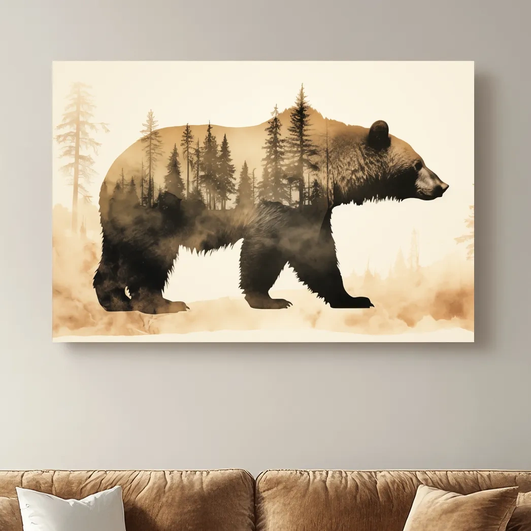Double exposure vintage style artwork, a grizzly bear and a forest