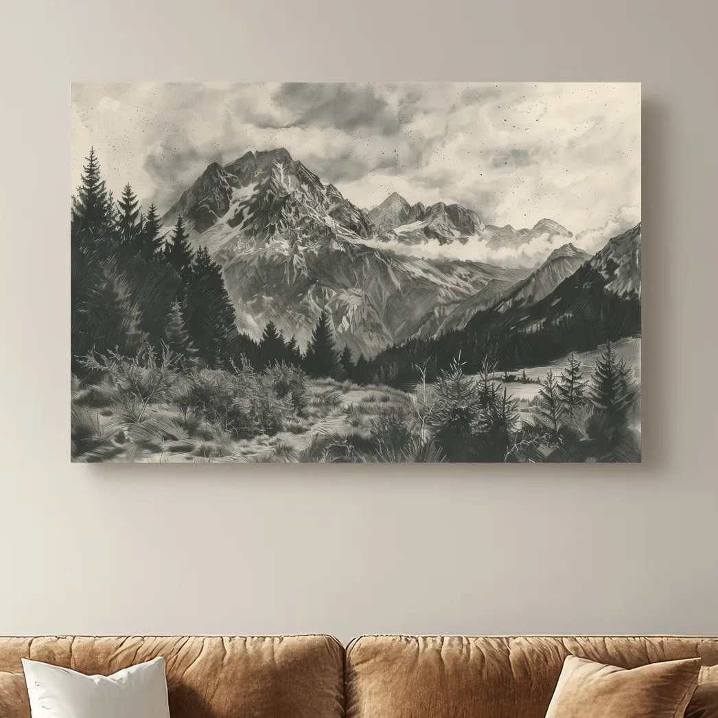 Lead pencil drawing, alpine meadows glacier artwork