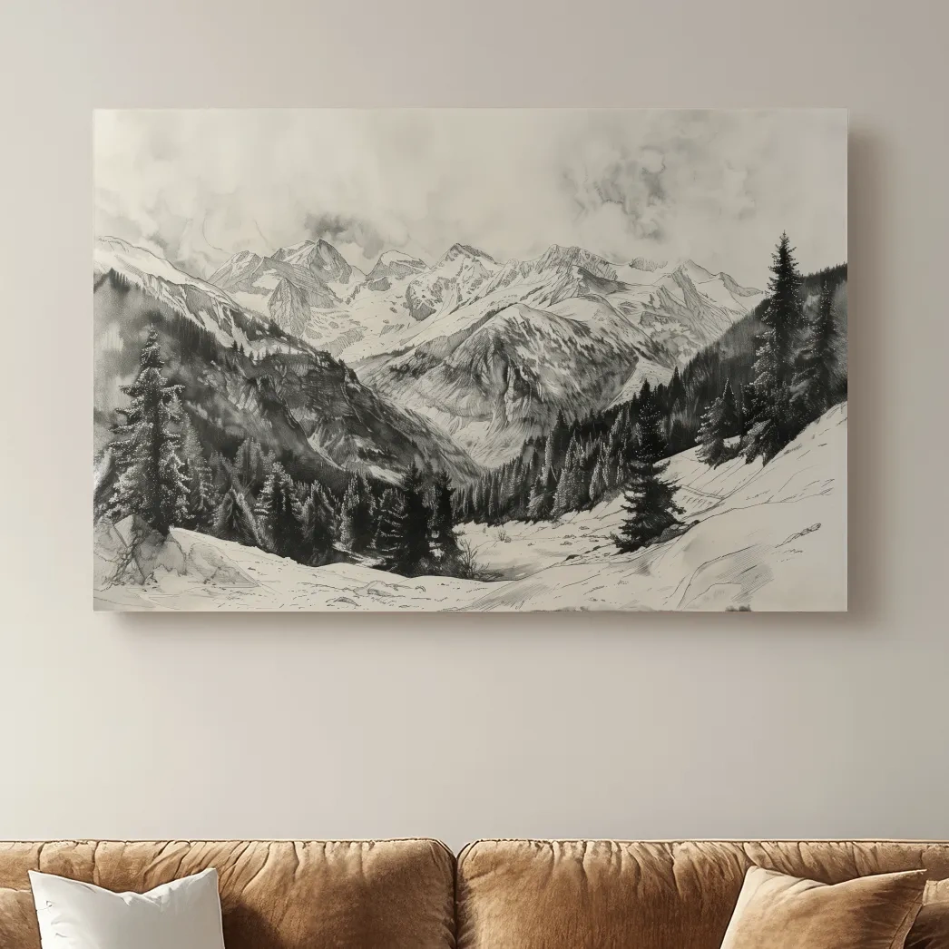 Lead pencil drawing, alpine forest and glacier mountain artwork