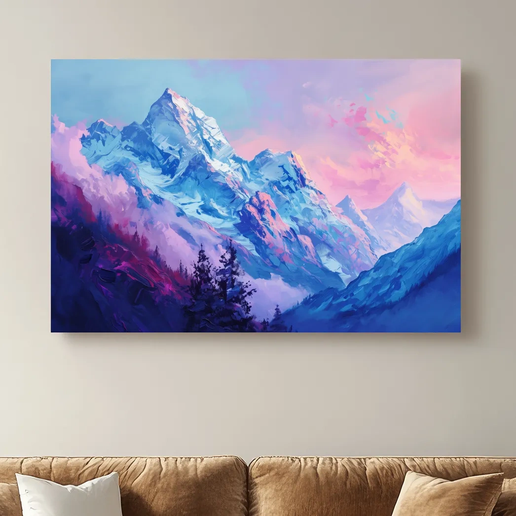 Impressionism style painting of a pink alpine sunset over a glacier