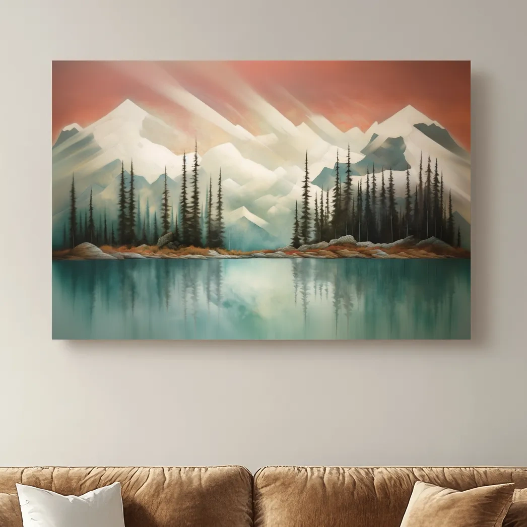 Abstract Alpine Lake Landscape Painting - Serene Pine Forest Mountain Wall Art