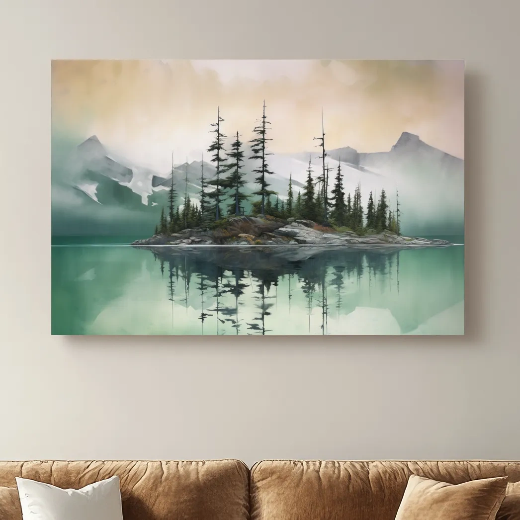 Misty Turquoise Alpine Lake Reflection - Serene Watercolor Mountain Landscape Wall Art