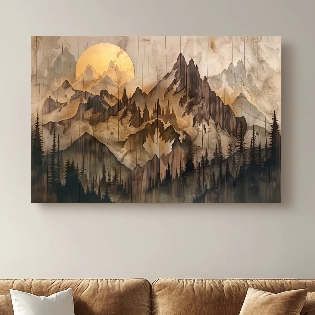 Rustic Sepia Mountain Sunrise Landscape - Vintage Wood Grain Watercolor Artwork