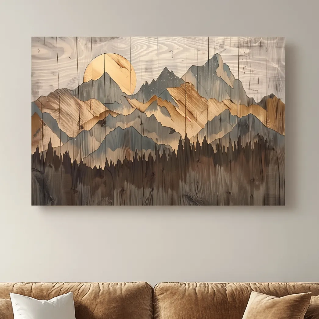 Rustic Mountain Range Sunrise - Woodgrain Style Forest Wall Art
