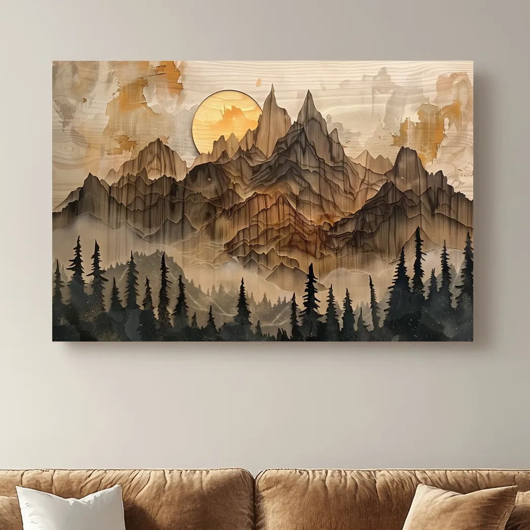 Mountain and forest artwork, rustic peeled paint on wood effect
