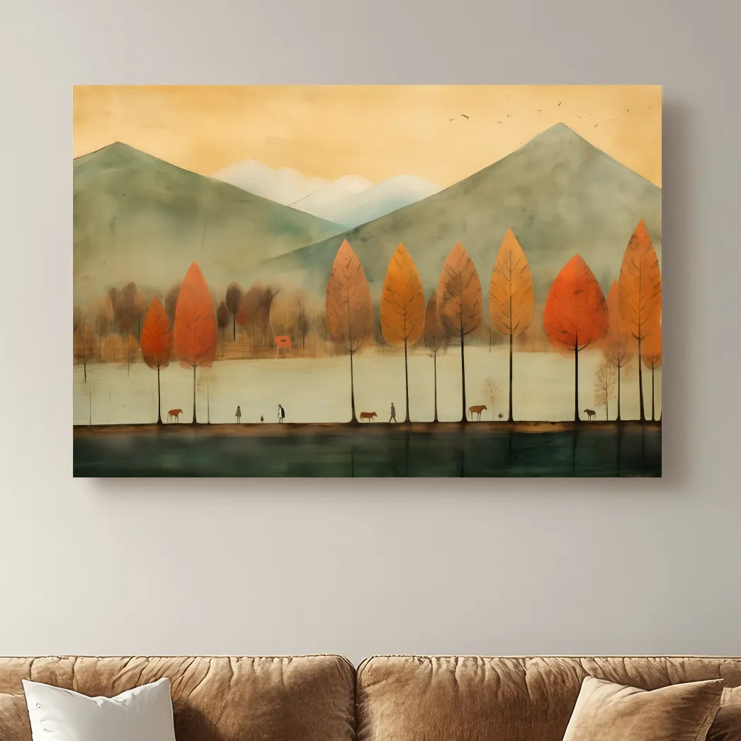 Textured painting of characters on a treelined lake in fall