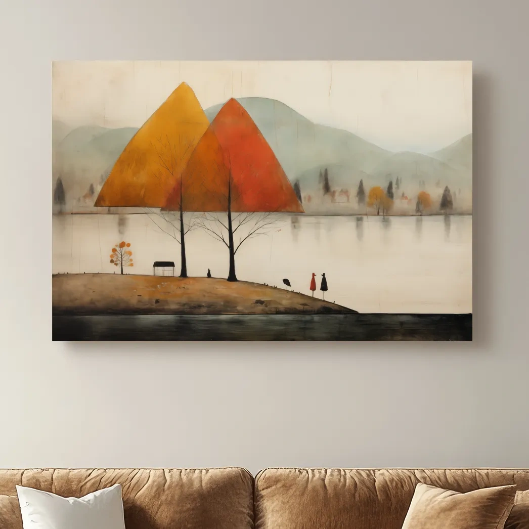 Autumn Mountains Over Misty Lakeside - Quirky Landscape Artwork