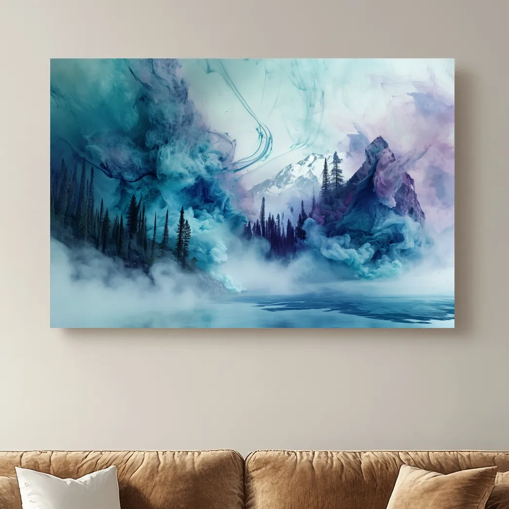 Abstract mountain painting, fog swirling through an alpine lake