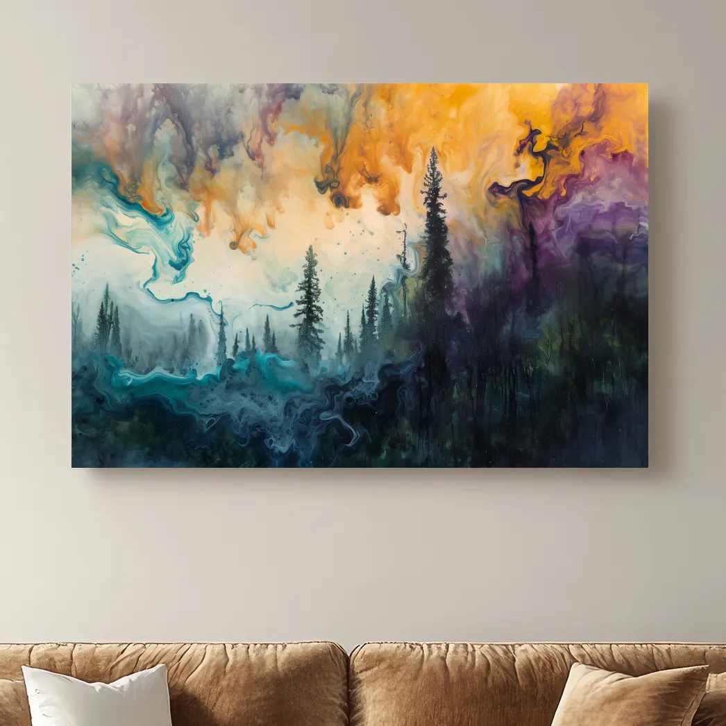 Vibrant Abstract Forest Smoke Swirls - Fluid Acrylic Style Wall Art