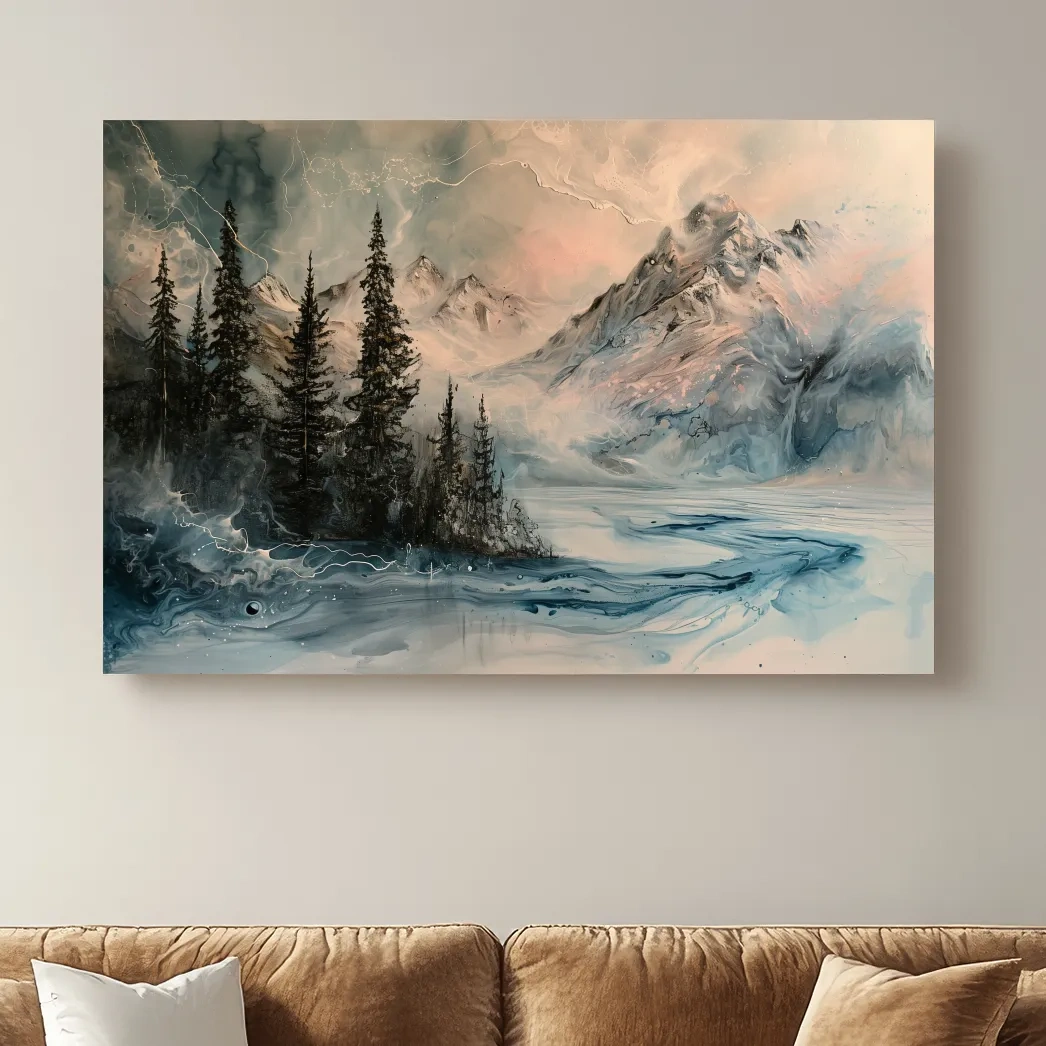 Abstract mountain painting artwork, treelined lake beneath a glacier