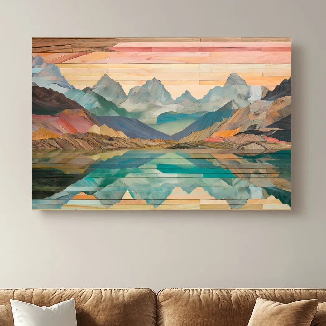 Wooden panel style alpine lake and mountain artwork