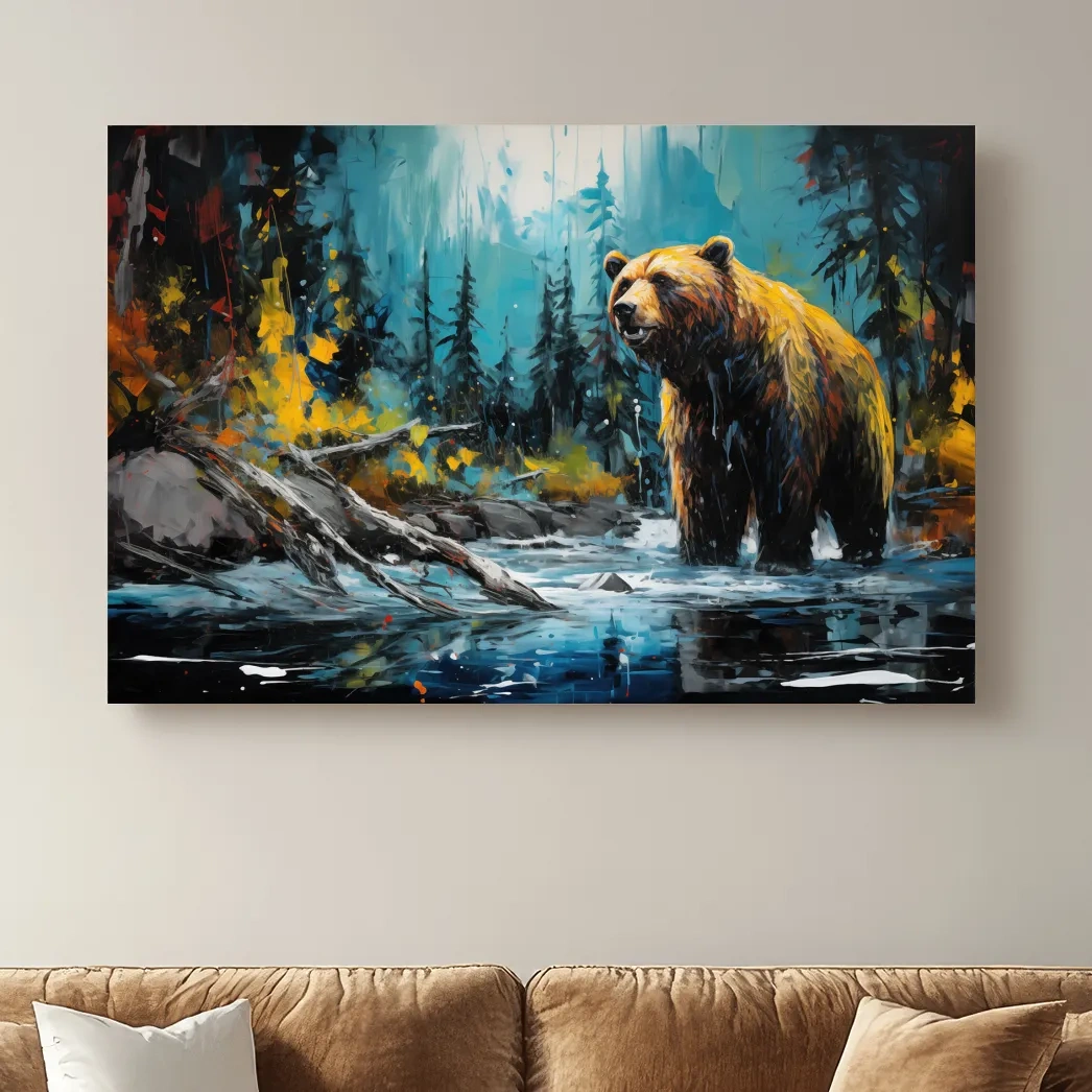 Colourful painting of a grizzly bear in the river