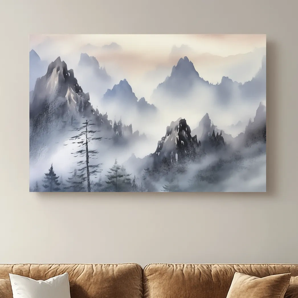 Chinese traditional ink wash style watercolour painting of foggy mountains