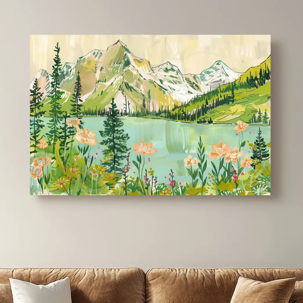 Whimsical Alpine Lake Wildflower Stylized Painting - Mountain Meadows Wall Art