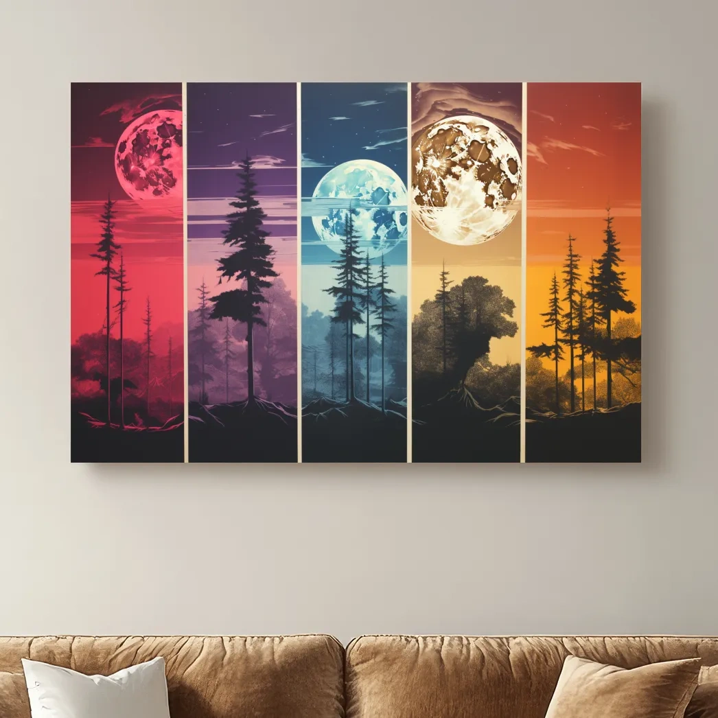 Multipanel colorful treeline under the moonlit sky, risograph style artwork