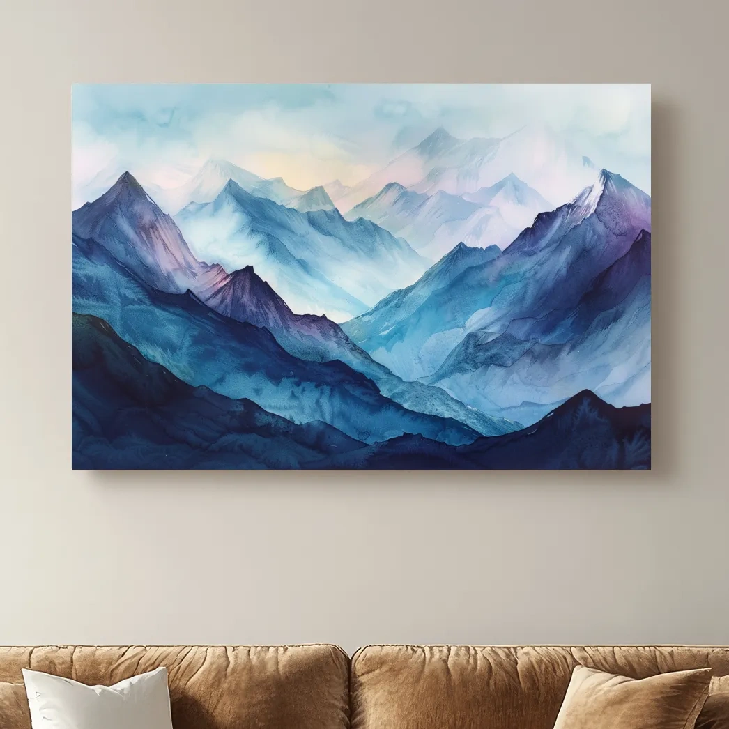 Watercolour mountain painting, colourful mountain landscape artwork