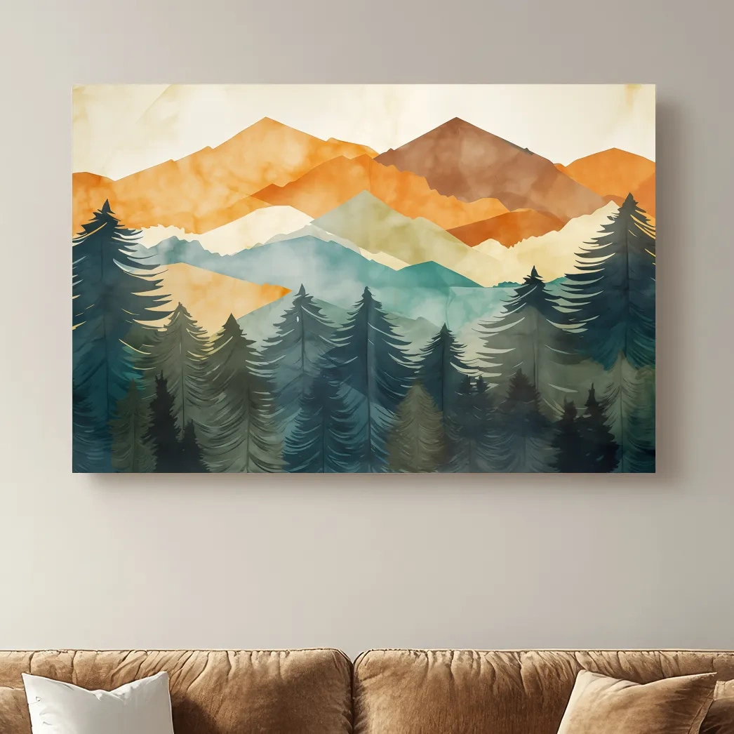 Abstract watercolor painting, mountains and forest