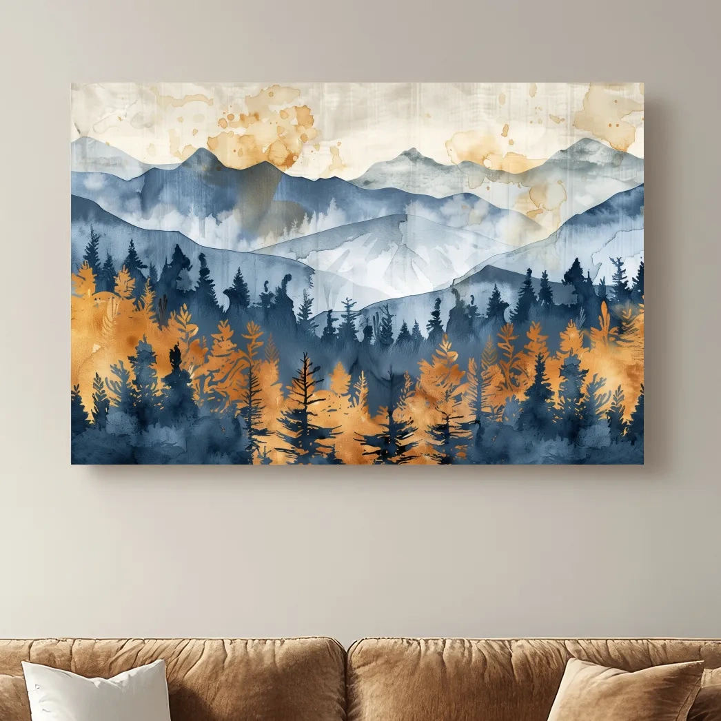 Abstract textured mountain and forest watercolour painting artwork, large format