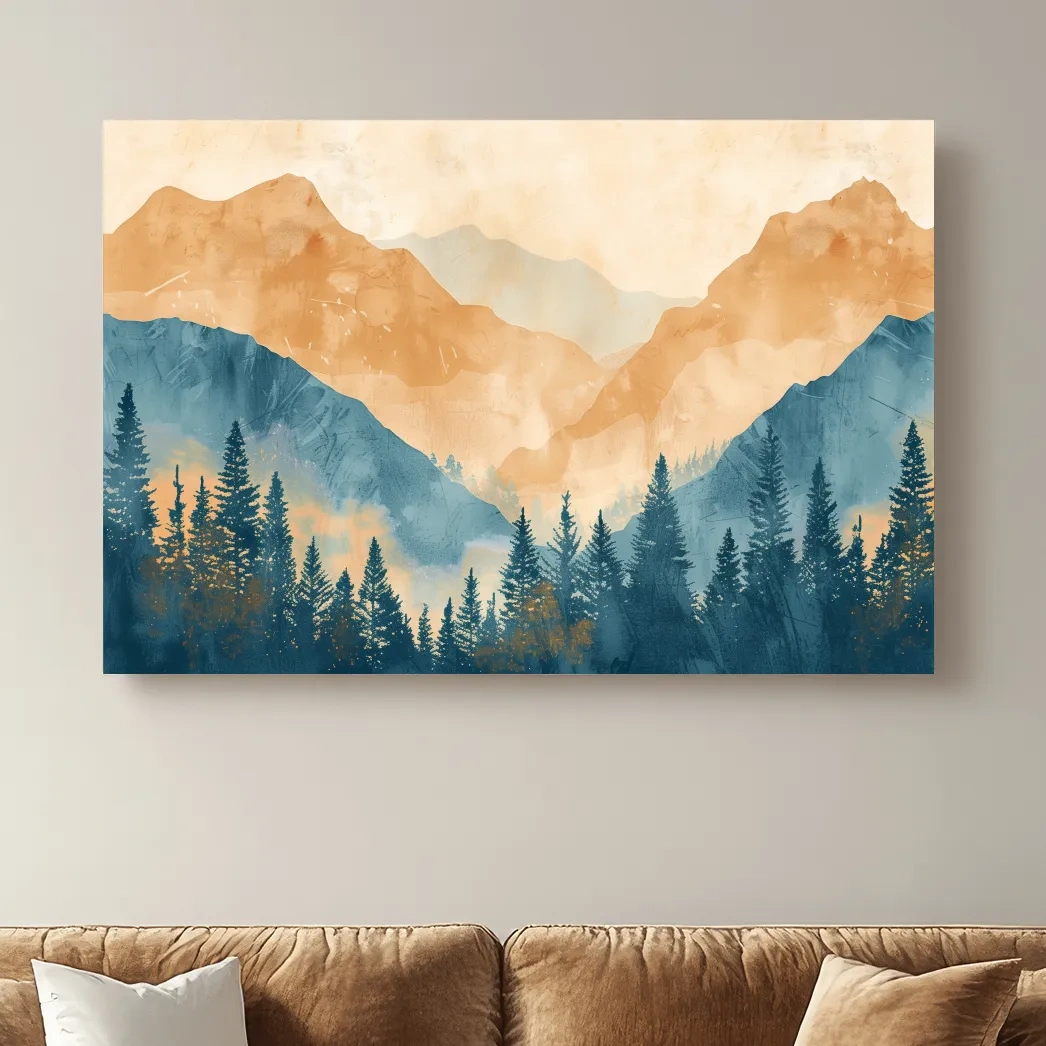 Misty Mountain Range Watercolor - Pine Forest Landscape Artwork