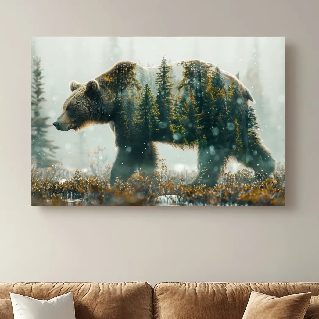 Double exposure photography, grizzly bear in the forest