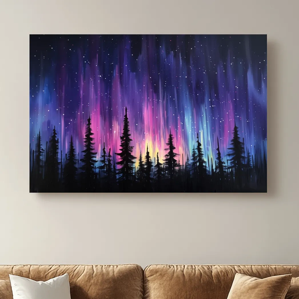 Painting of silhouetted trees against purple and pink northern lights sky