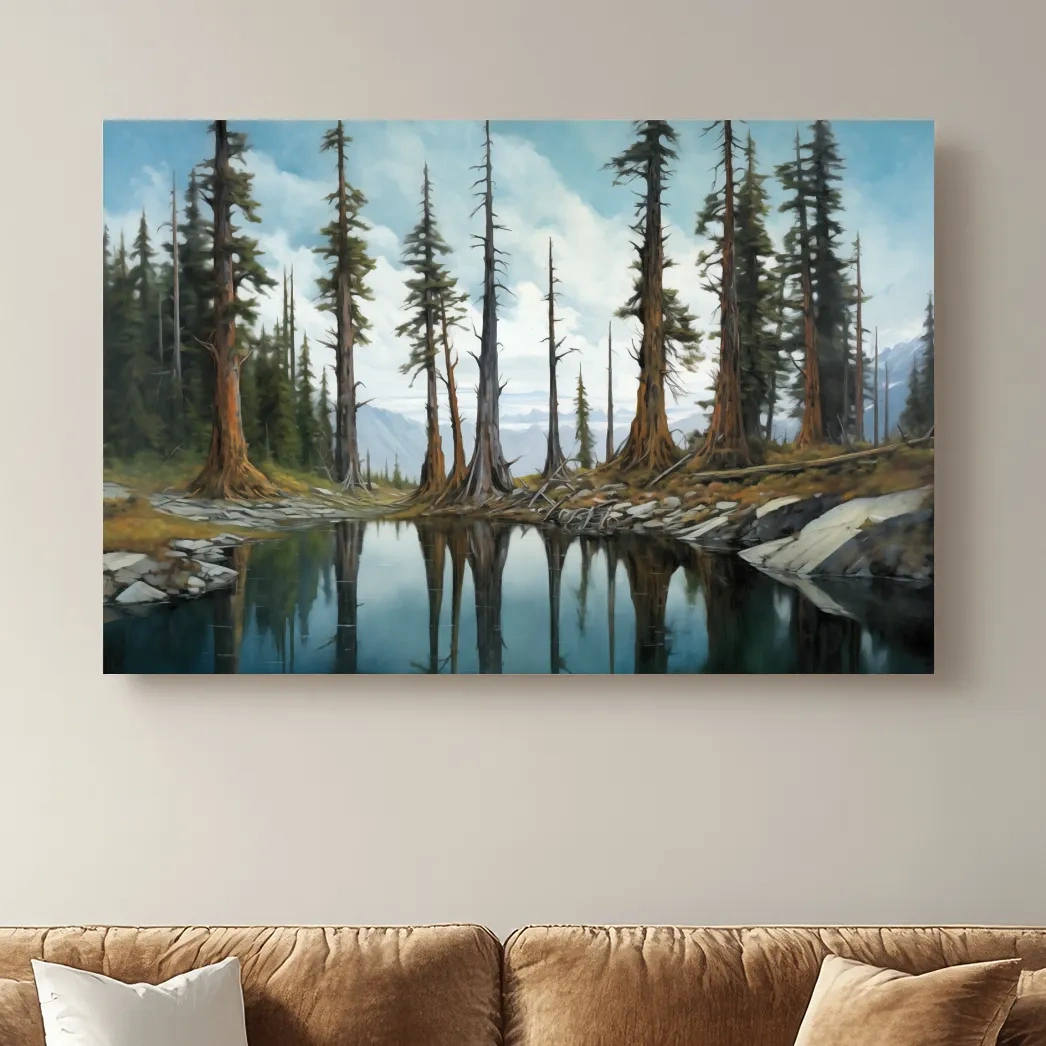Painting of a line of trees beside a lake and mountains, forest artwork