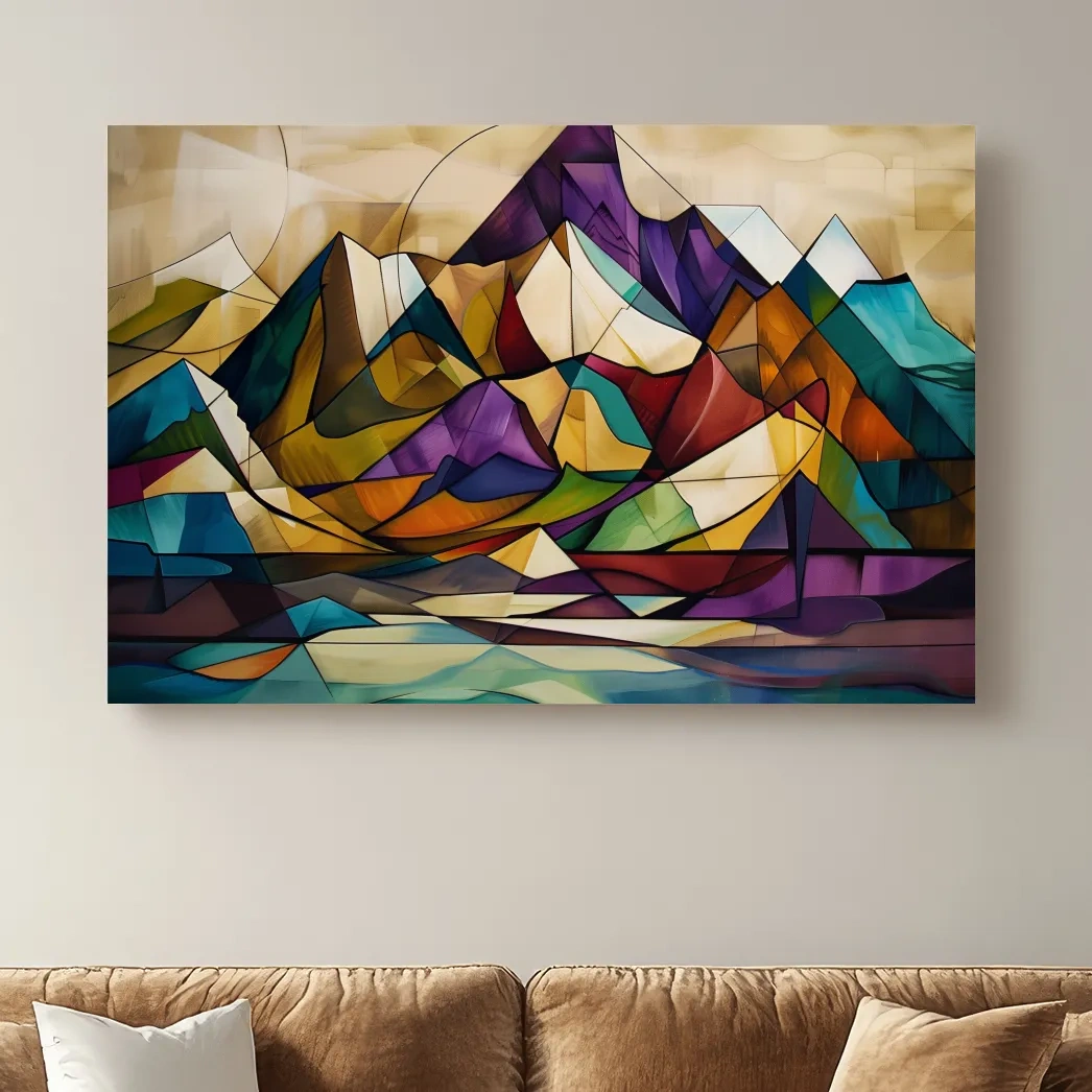 Vibrant Leadlight Style Mountain Range Painting - Abstract Colorful Stained Glass Wall Art