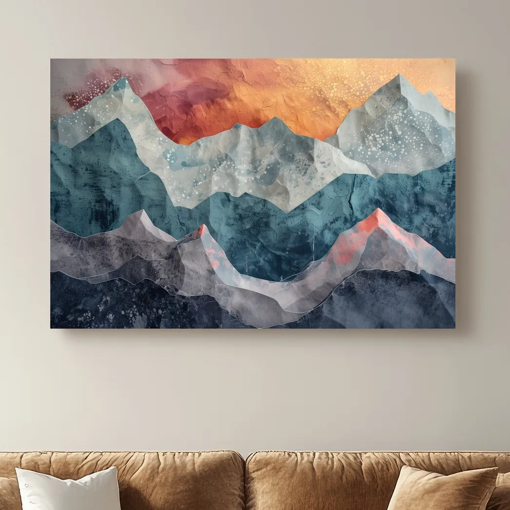 Abstract sunset mountain artwork, 3d textured paper effect