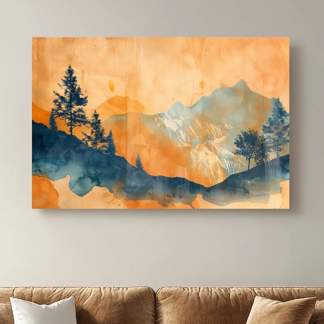 Abstract watercolor painting wall art, trees, mountains and glacier