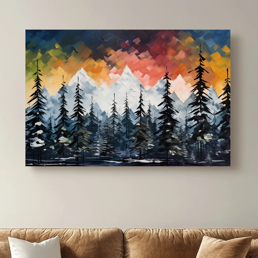 Moody Alpine Mountain Sunset With Pine Forest - Textured Palette Knife Painting Style Landscape Art