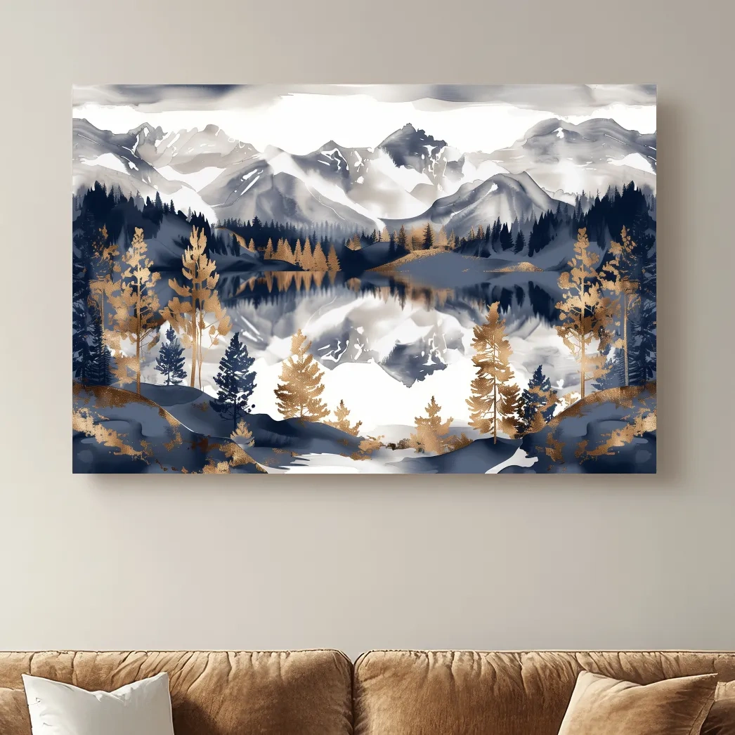 Gold leaf style alpine lake and mountain wall art painting