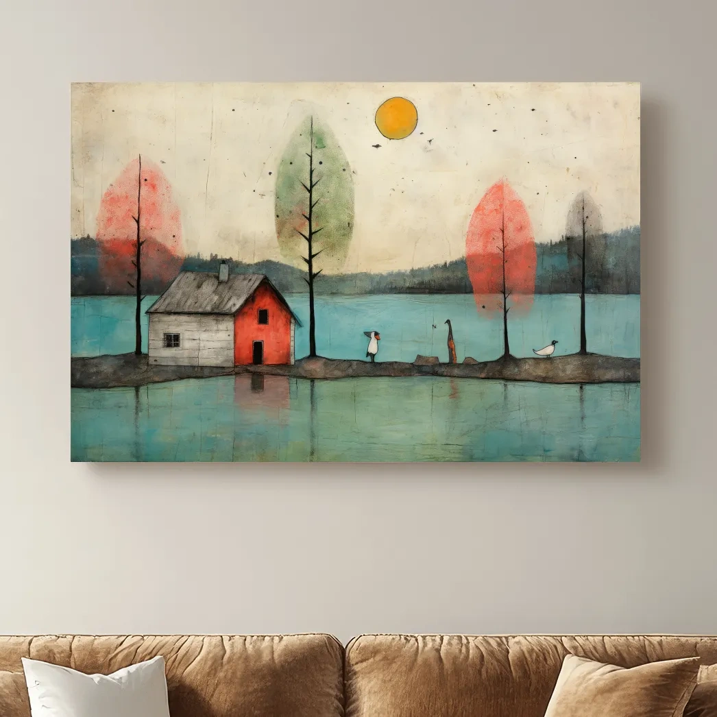 Whimsical Lakeside Cabin Illustration - Rustic Folk Landscape Wall Art