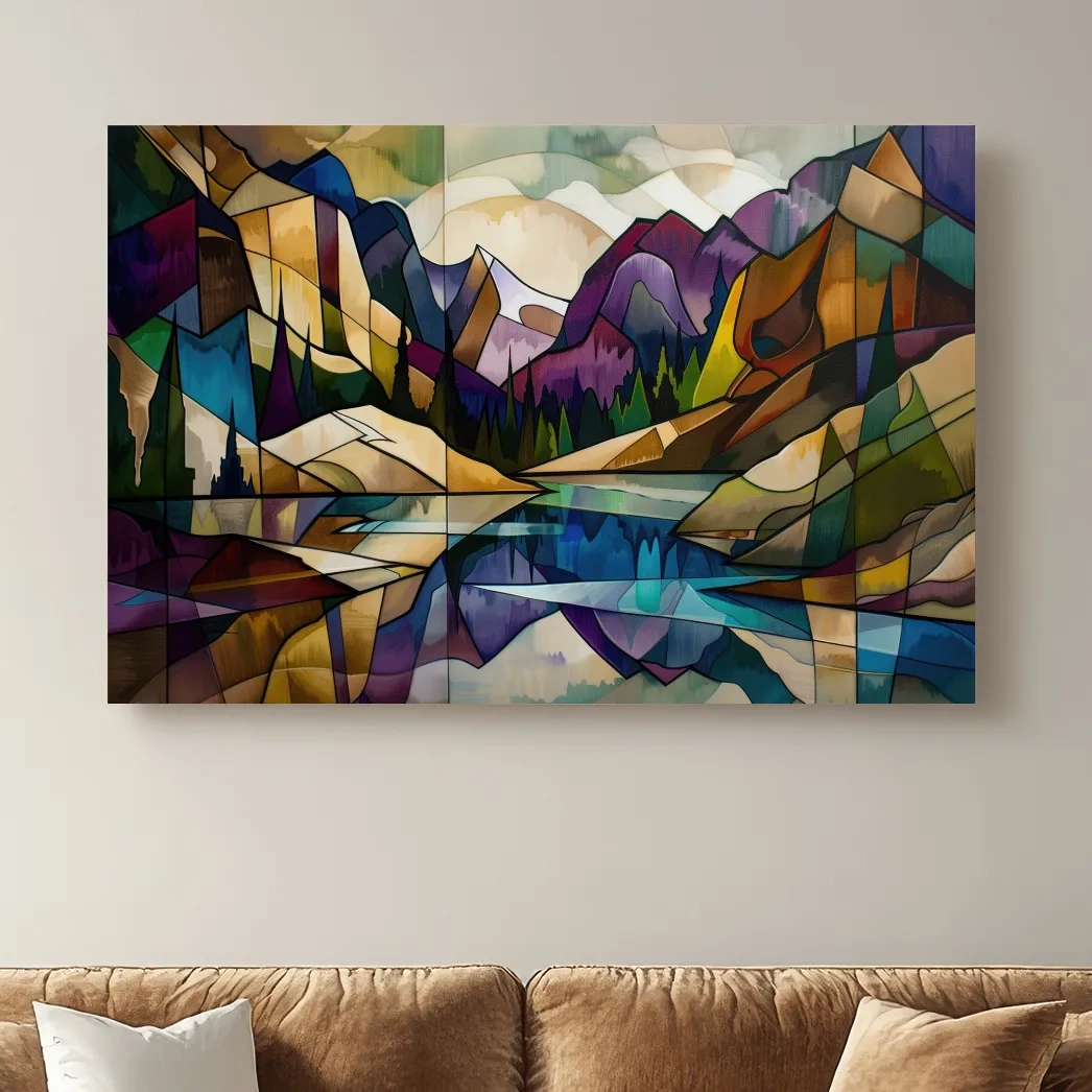 Abstract Stained Glass Mountain Lake Landscape - Colorful Geometric Alpine Wall Art