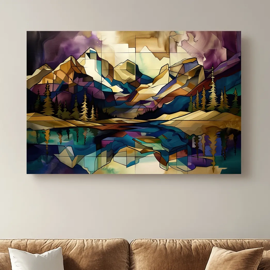 Treelined alpine lake and mountain scene, mixed media style colorful abstract painting