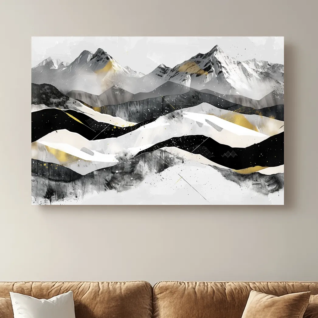 Snow capped mountains, modern black and white abstract artwork