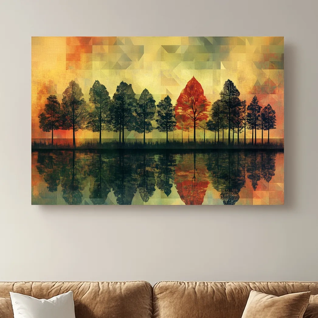 Abstract Geometric Autumn Forest Reflection - Modern Mosaic Landscape Artwork
