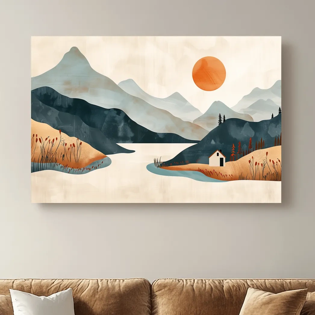 Storybook lakehouse landscape scene, mountain sunset minimalist style illustration artwork