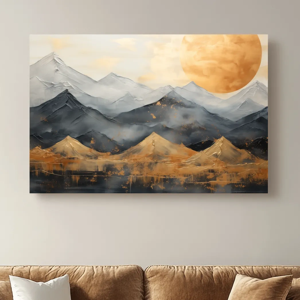 Gold Leaf Style Abstract Mountain Range Sunset - Modern Landscape Wall Art