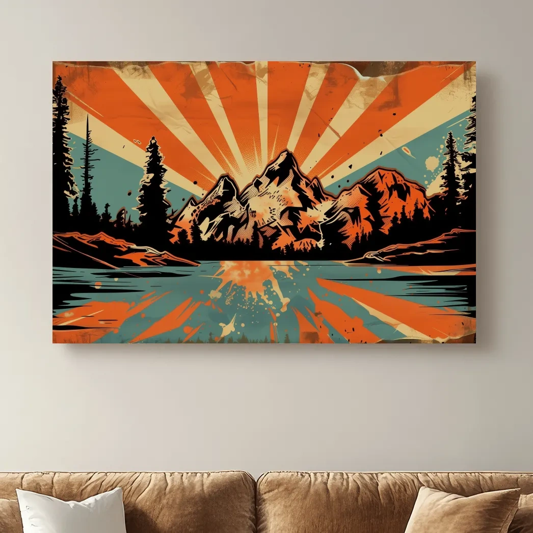 Retro comic book style halftone mountain wall art, sunrise rays from behind a glacier and alpine lake,
