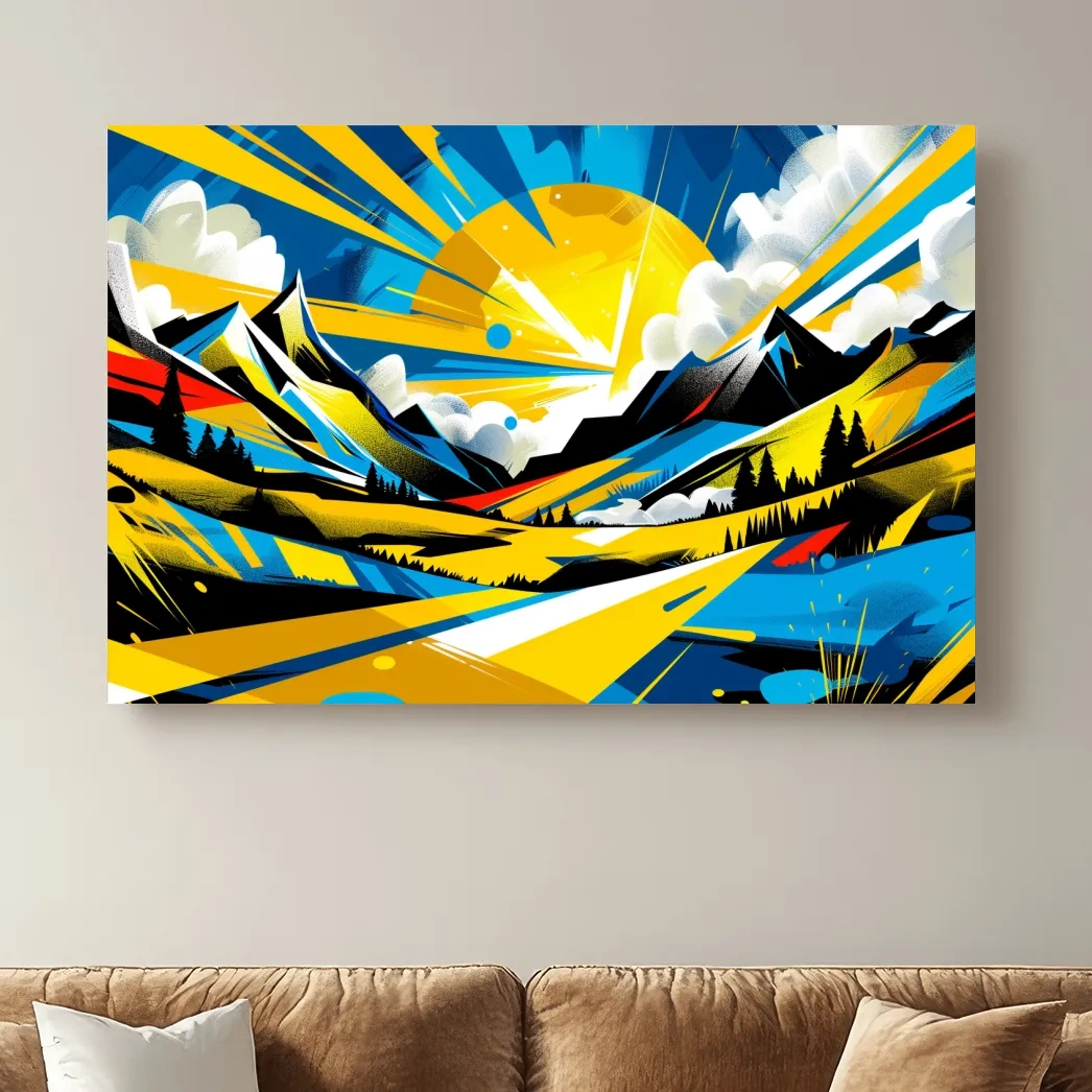 Vibrant Geometric Graffiti Mountain Sunset Landscape - Bold Pop Art Style Wall Art