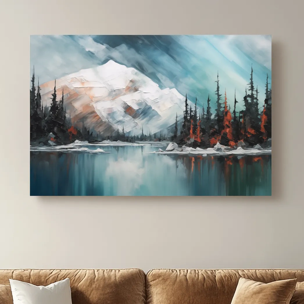 Oil painting of a snowy mountain and lake