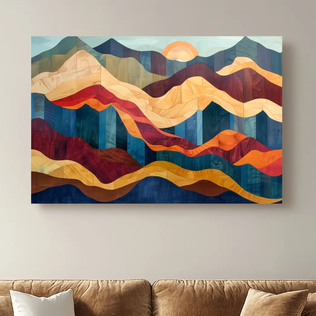 Wood intarsia style wall art, colorful mountain patterns with wood grain effect