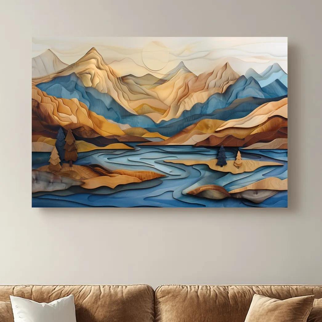 Alpine mountain and lake landscape scene, 3d layered effect wood intarsia style artwork