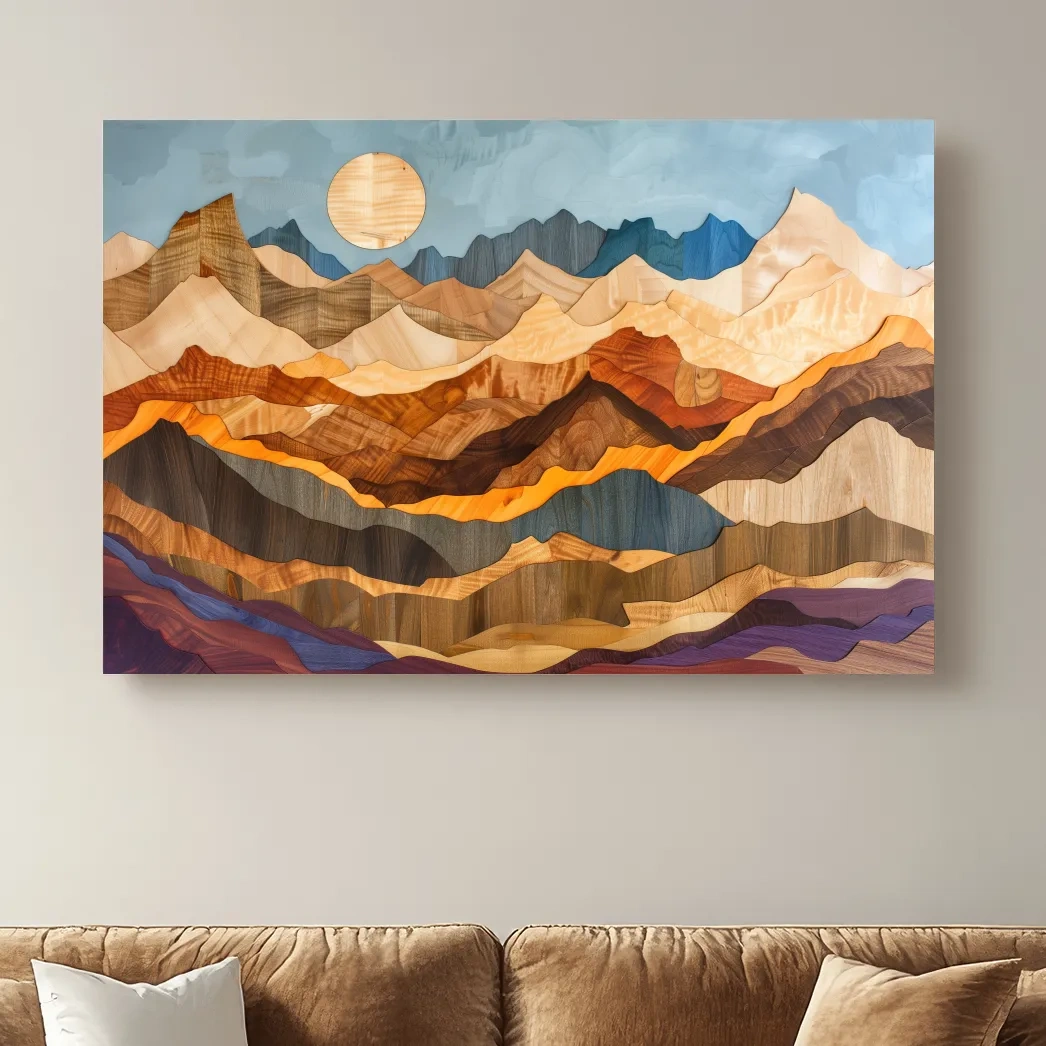 Layered Wooden Mountain Range - Intarsia Style Canvas Wall Art