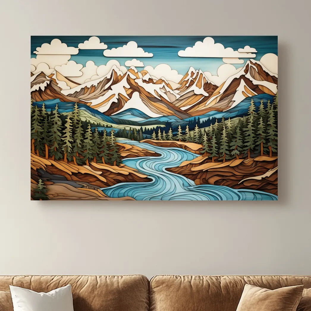 Intarsia Style Mountain River Landscape - Rustic Alpine Forest Artwork